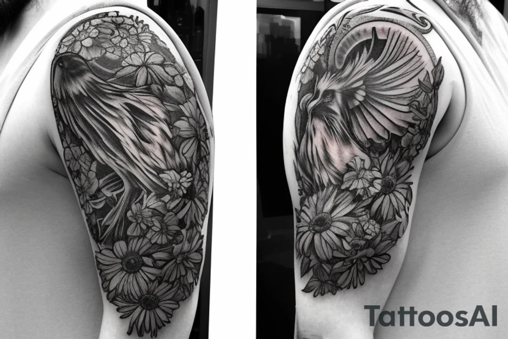 Sleeve with Wakefield cathedral, the flower called gerbera, a lion face(full mane with a crown on top)
And 2 doves tattoo idea