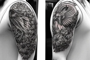 Sleeve with Wakefield cathedral, the flower called gerbera, a lion face(full mane with a crown on top)
And 2 doves tattoo idea