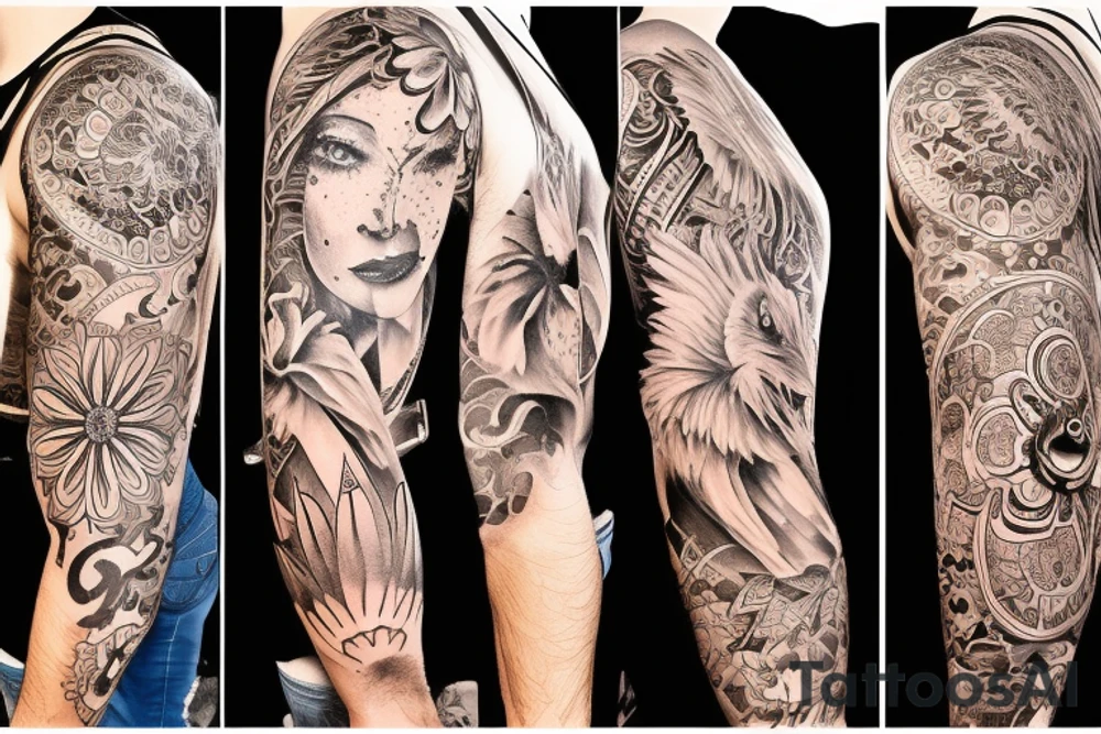 Sleeve with Wakefield cathedral, the flower called gerbera, a lion face(full mane with a crown on top)
And 2 doves tattoo idea