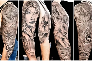Sleeve with Wakefield cathedral, the flower called gerbera, a lion face(full mane with a crown on top)
And 2 doves tattoo idea