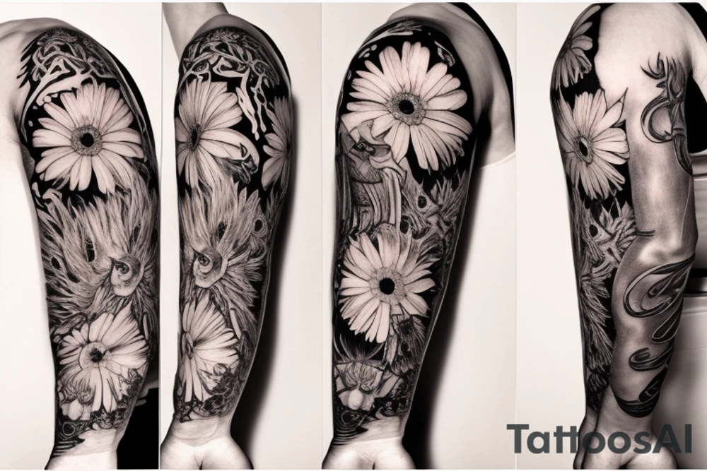 Sleeve with Wakefield cathedral, the flower called gerbera, a lion face(full mane with a crown on top)
And 2 doves tattoo idea