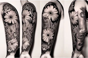 Sleeve with Wakefield cathedral, the flower called gerbera, a lion face(full mane with a crown on top)
And 2 doves tattoo idea