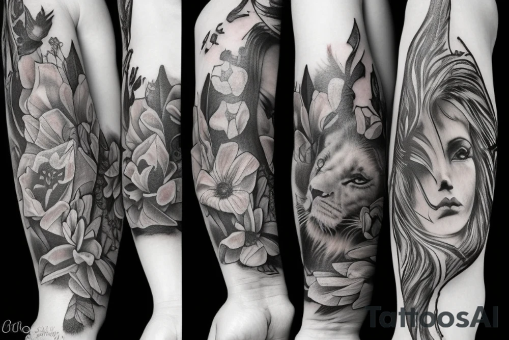 Sleeve with Wakefield cathedral, the flower called gerbera, a lion face(full mane with a crown on top)
And 2 doves tattoo idea