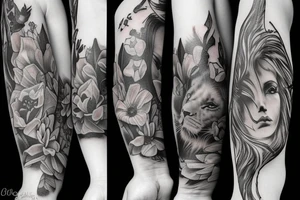 Sleeve with Wakefield cathedral, the flower called gerbera, a lion face(full mane with a crown on top)
And 2 doves tattoo idea