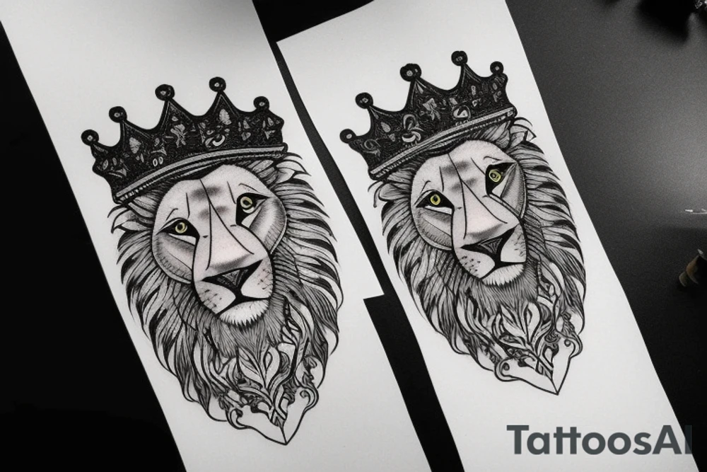 Full lion face with crown on head tattoo idea