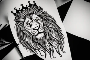 Full lion face with crown on head tattoo idea