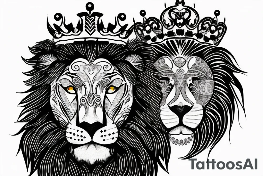 Full lion face with crown on head tattoo idea