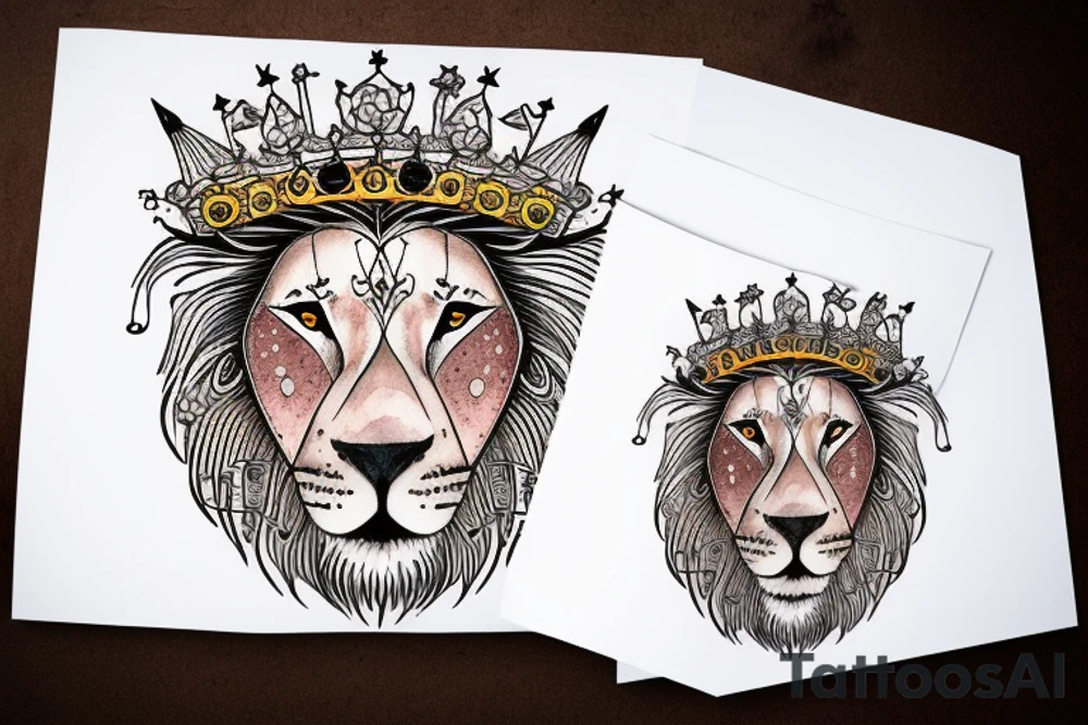 Full lion face with crown on head tattoo idea