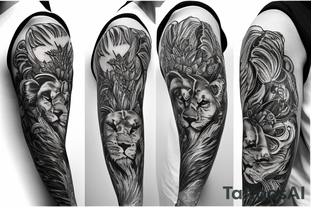 sleeve with lion,
clock, gerbera, cathedral tattoo idea