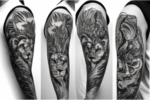 sleeve with lion,
clock, gerbera, cathedral tattoo idea