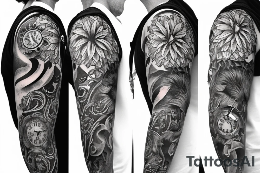 sleeve with lion,
clock, gerbera, cathedral tattoo idea