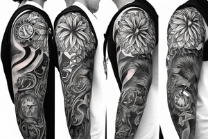 sleeve with lion,
clock, gerbera, cathedral tattoo idea
