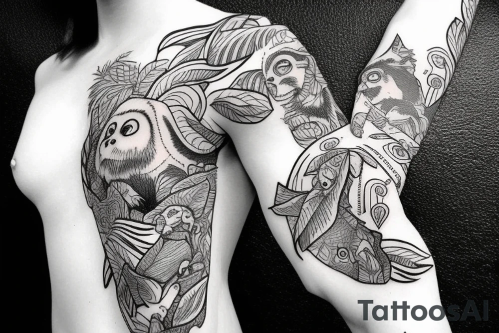 sleeve with monkey, jungle tattoo idea