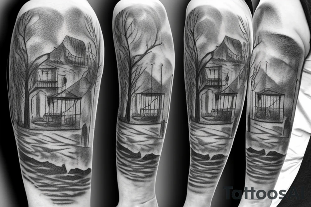 statue on hill with family walking up stairs to 

sleeve tattoo idea