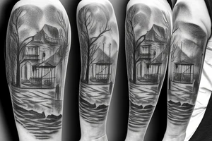 statue on hill with family walking up stairs to 

sleeve tattoo idea
