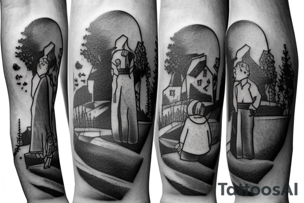 statue on hill with 2 parents walking up stairs with their little boy in the middle


sleeve tattoo idea