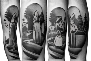 statue on hill with 2 parents walking up stairs with their little boy in the middle


sleeve tattoo idea