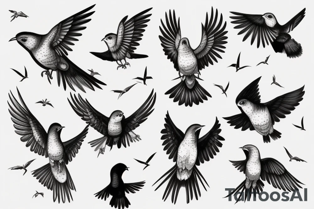 A flock of cuckoos (different sizes) all flying in one direction, with one cuckoo (shaded black) flying in the opposite direction. tattoo idea