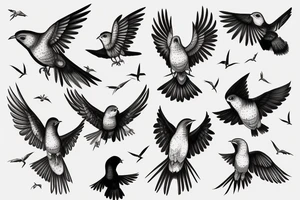 A flock of cuckoos (different sizes) all flying in one direction, with one cuckoo (shaded black) flying in the opposite direction. tattoo idea