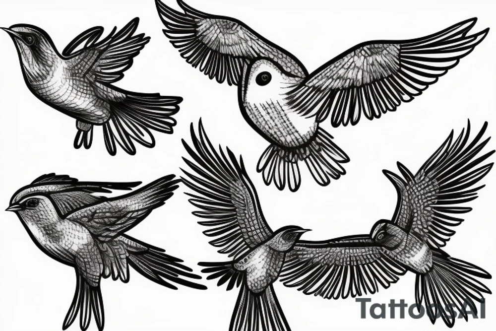 A flock of cuckoos (different sizes) all flying in one direction, with one cuckoo (shaded black) flying in the opposite direction. tattoo idea