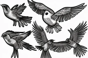 A flock of cuckoos (different sizes) all flying in one direction, with one cuckoo (shaded black) flying in the opposite direction. tattoo idea