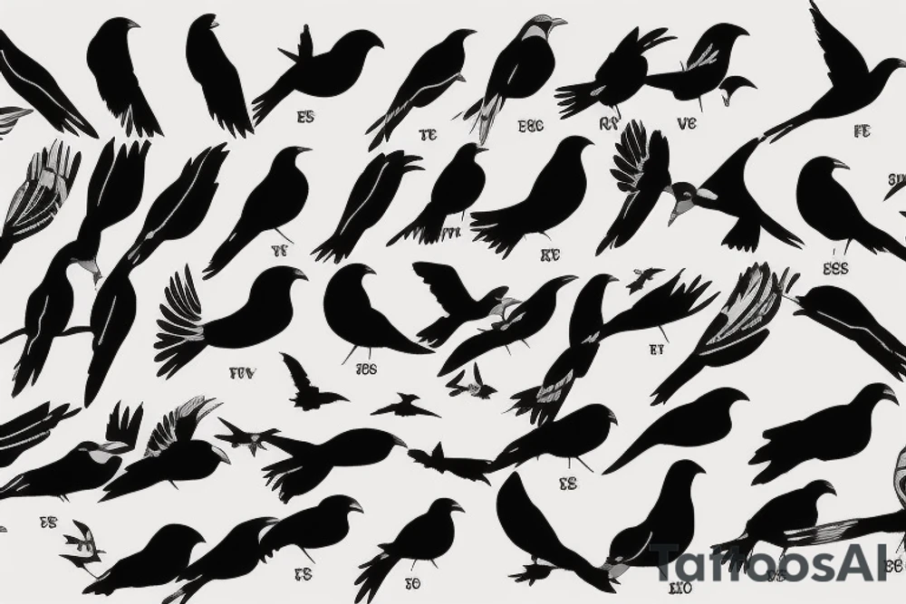 A flock of cuckoos (different sizes) all flying in the same direction, with one cuckoo (shaded black) flying in the opposite direction. The style is simple outlines apart from the black cuckoo which is fully shaded black tattoo idea