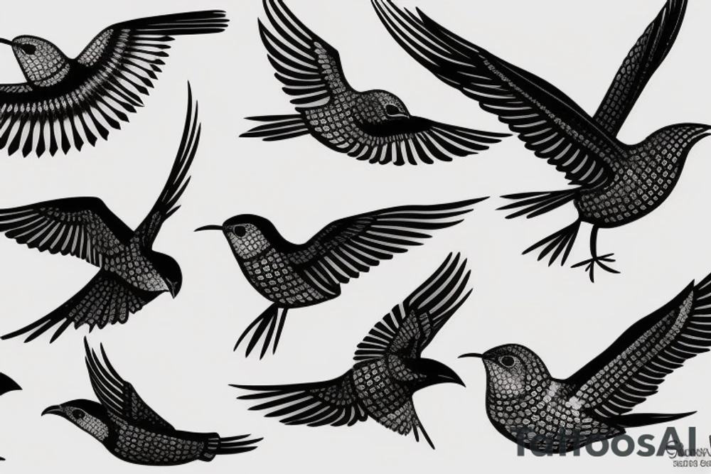 A flock of cuckoos (different sizes) all flying in the same direction, with one cuckoo (shaded black) flying in the opposite direction. The style is simple outlines apart from the black cuckoo which is fully shaded black tattoo idea