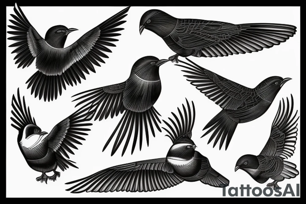 A flock of cuckoos (different sizes) all flying in the same direction, with one cuckoo (shaded black) flying in the opposite direction. The style is simple outlines apart from the black cuckoo which is fully shaded black tattoo idea