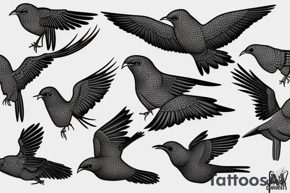 A flock of cuckoos (different sizes) all flying in the same direction, with one cuckoo (shaded black) flying in the opposite direction. The style is simple outlines apart from the black cuckoo which is fully shaded black tattoo idea