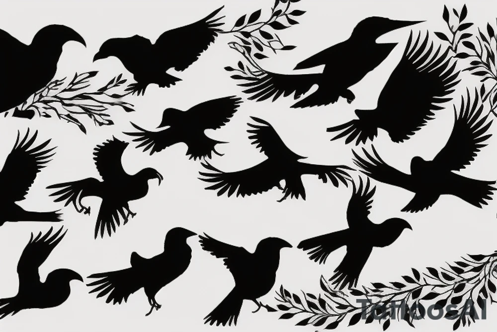 Stencil outlines of a flock of cuckoos (different sizes) all flying in the same direction, with one cuckoo (shaded black) flying in the opposite direction. The style is simple outlines apart from the black cuckoo which is fully shaded black tattoo idea