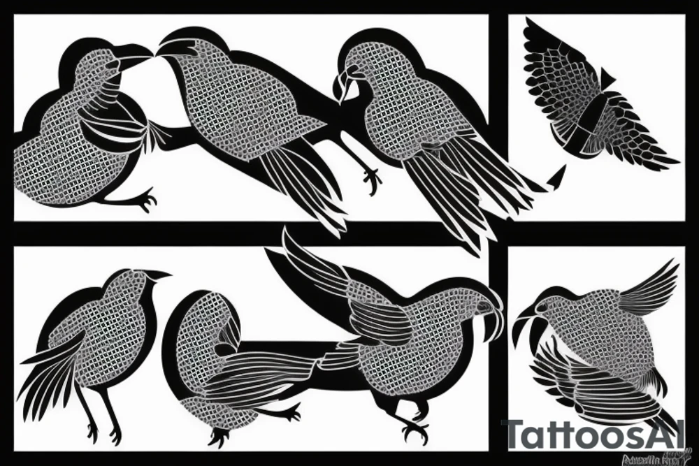 Stencil outlines of a flock of cuckoos (different sizes) all flying in the same direction, with one cuckoo (shaded black) flying in the opposite direction. The style is simple outlines apart from the black cuckoo which is fully shaded black tattoo idea