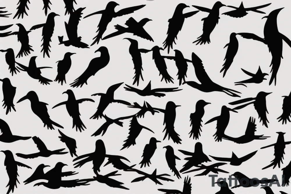 Stencil outlines of a flock of white cuckoos (different sizes) all flying in the same direction, with one cuckoo (shaded black) flying in the opposite direction. The style is simple outlines apart from the black cuckoo which is fully shaded black tattoo idea