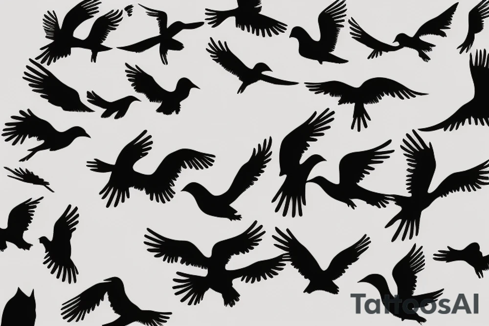 Stencil outlines of a flock of white cuckoos (different sizes) all flying in the same direction, with one cuckoo (shaded black) flying in the opposite direction. The style is simple outlines apart from the black cuckoo which is fully shaded black tattoo idea