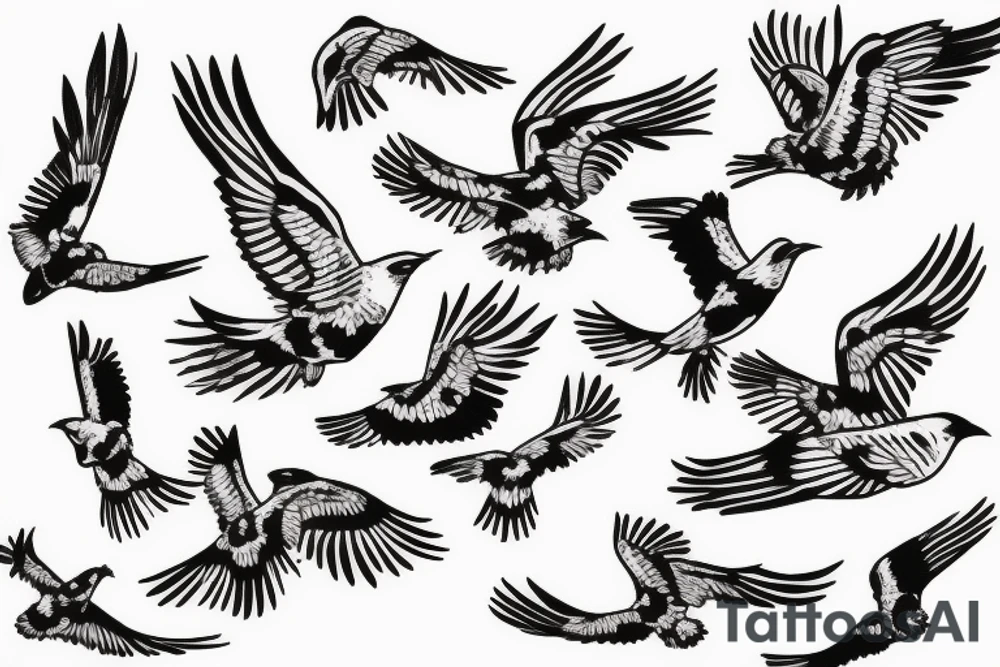 Stencil outlines of a flock of white cuckoos all flying in the same direction, with one black cuckoo flying in the opposite direction. tattoo idea