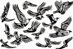 Stencil outlines of a flock of white cuckoos all flying in the same direction, with one black cuckoo flying in the opposite direction. tattoo idea