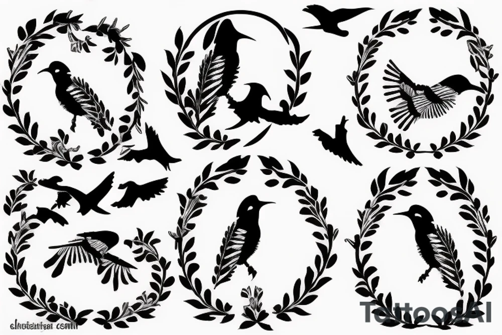 Stencil outlines of a flock of white cuckoos all flying in the same direction, with one black cuckoo flying in the opposite direction. tattoo idea
