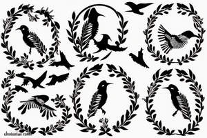 Stencil outlines of a flock of white cuckoos all flying in the same direction, with one black cuckoo flying in the opposite direction. tattoo idea