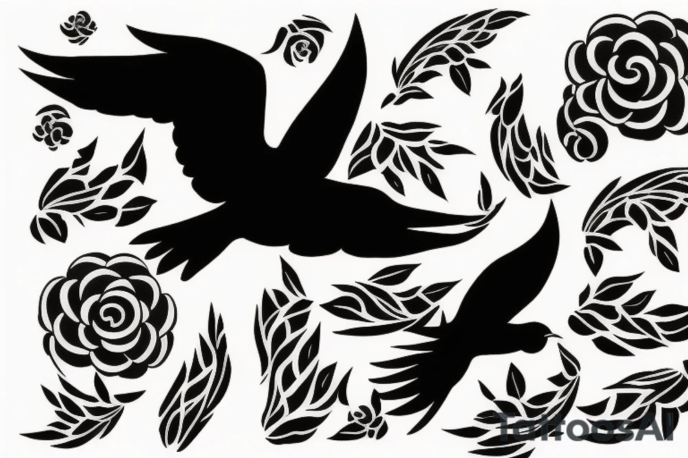 Stencil outlines of a flock of white birds all flying in the same direction, with one black bird flying in the opposite direction. tattoo idea