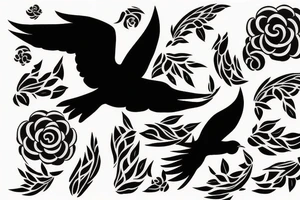 Stencil outlines of a flock of white birds all flying in the same direction, with one black bird flying in the opposite direction. tattoo idea