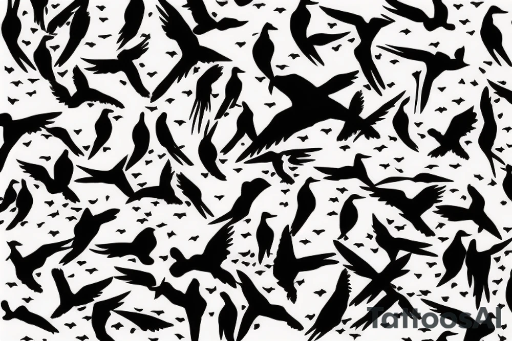 Stencil outlines of a flock of white birds all flying in the same direction, with one black bird flying in the opposite direction. tattoo idea