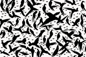 Stencil outlines of a flock of white birds all flying in the same direction, with one black bird flying in the opposite direction. tattoo idea