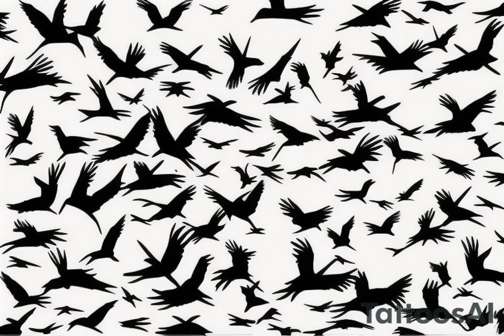 Stencil outlines of a flock of white birds all flying in a line, with one black bird flying in the opposite direction. tattoo idea