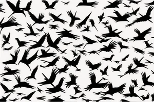 Stencil outlines of a flock of white birds all flying in a line, with one black bird flying in the opposite direction. tattoo idea