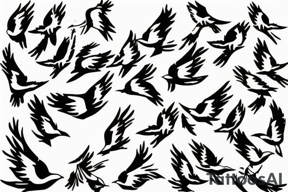 Stencil outlines of a flock of white birds all flying in a line, with one black bird flying in the opposite direction. tattoo idea