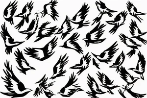 Stencil outlines of a flock of white birds all flying in a line, with one black bird flying in the opposite direction. tattoo idea