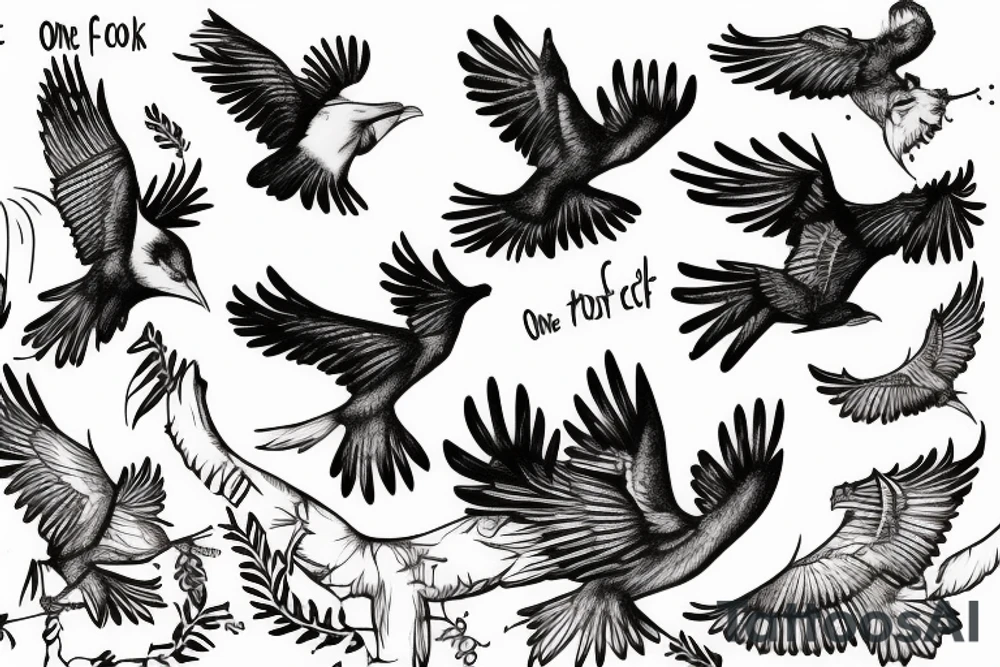Based on cover of the book “One Flew Over The Cuckoo’s Nest” there is a flock of white cuckoos flying in one direction with one black cuckoo flying in the opposite direction tattoo idea