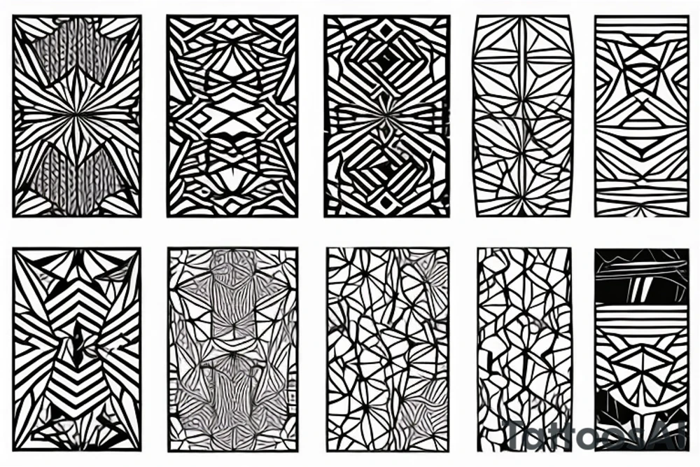 Two geometric patterns for the star sign Leo, blended with one geometric pattern for the star sign cancer, and one geometric pattern for the star sign aries tattoo idea