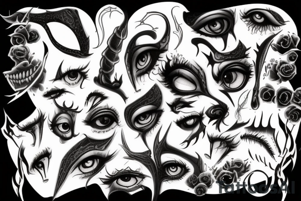 black, eye, demon, eyelashless, fleshy, chthonic tattoo idea