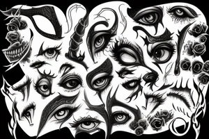 black, eye, demon, eyelashless, fleshy, chthonic tattoo idea