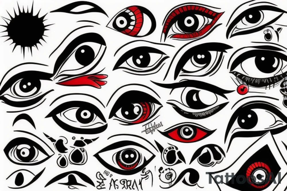 black, red, vertical evil eye tattoo idea